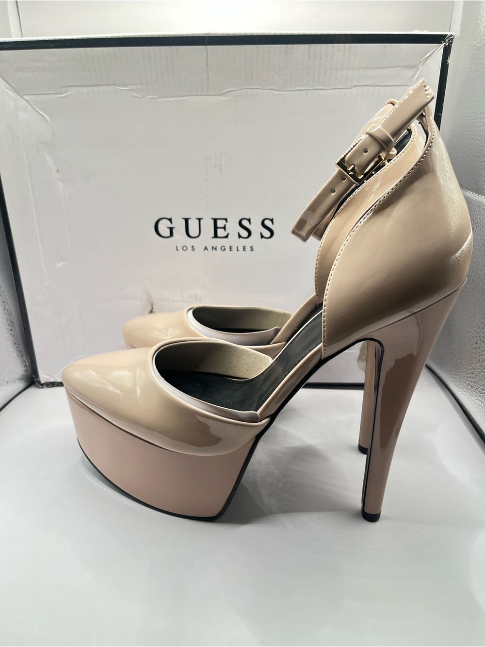 GUESS Rachal New Women's 9 Nude Patent Platform Ankle-Strap Platform Stiletto's
